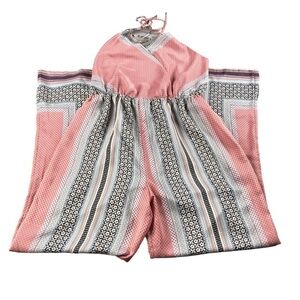 NWT Fire Los Angeles Womens Large Pink Mixed Print Halter Neck Jumpsuit Wide Leg